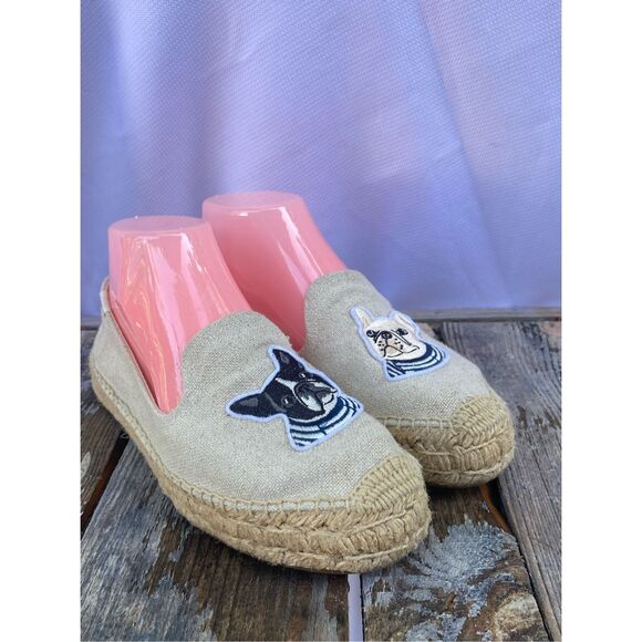 Soludos French Bulldog Espadrilles Women’s Size 7 Linen Slip-On Flats Dog Print - Picture 1 of 7